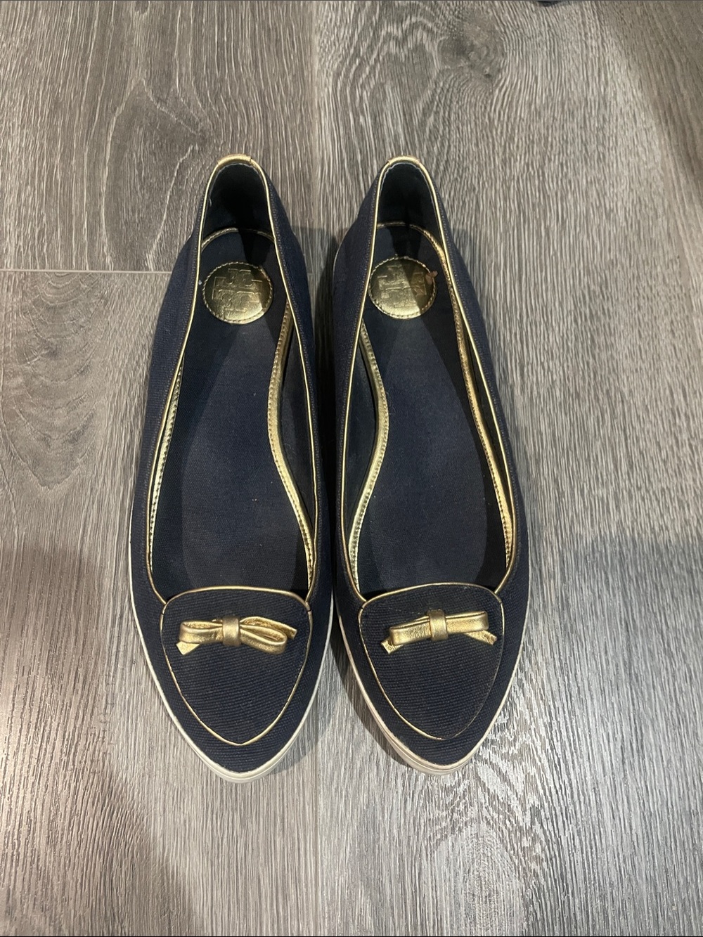 Tory Burch Navy Pointed Flats with Gold Trim and Bow